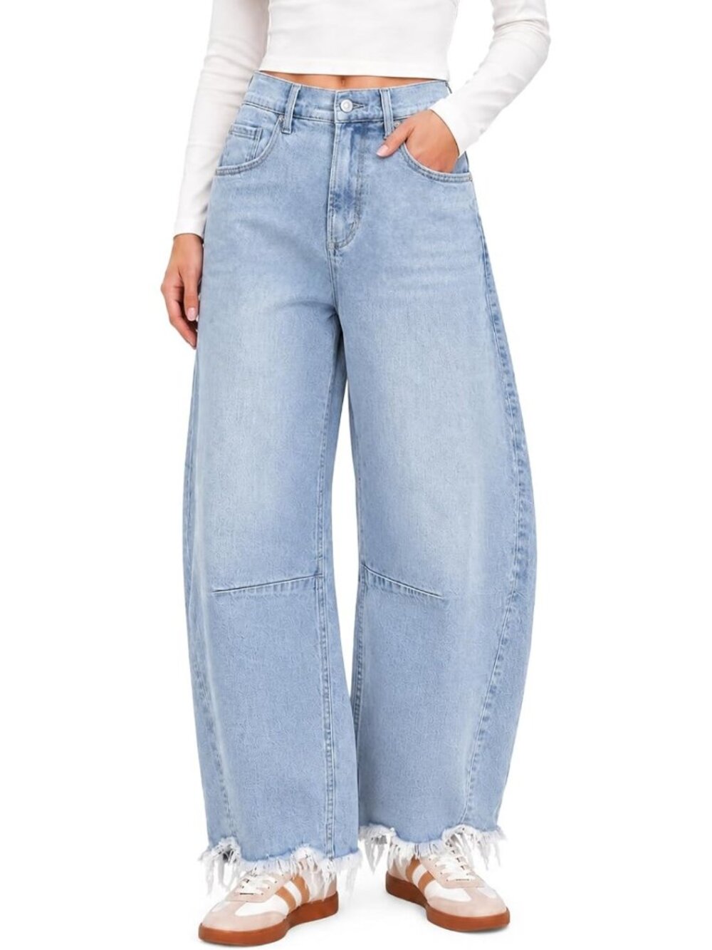 Stylish Women's Boyfriend Barrel Jeans - Baggy Ankle Denim Pants with Raw Hem